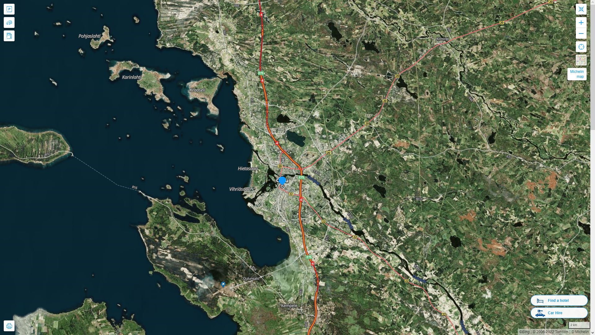 Oulu Finlande Autoroute et carte routiere avec vue satellite